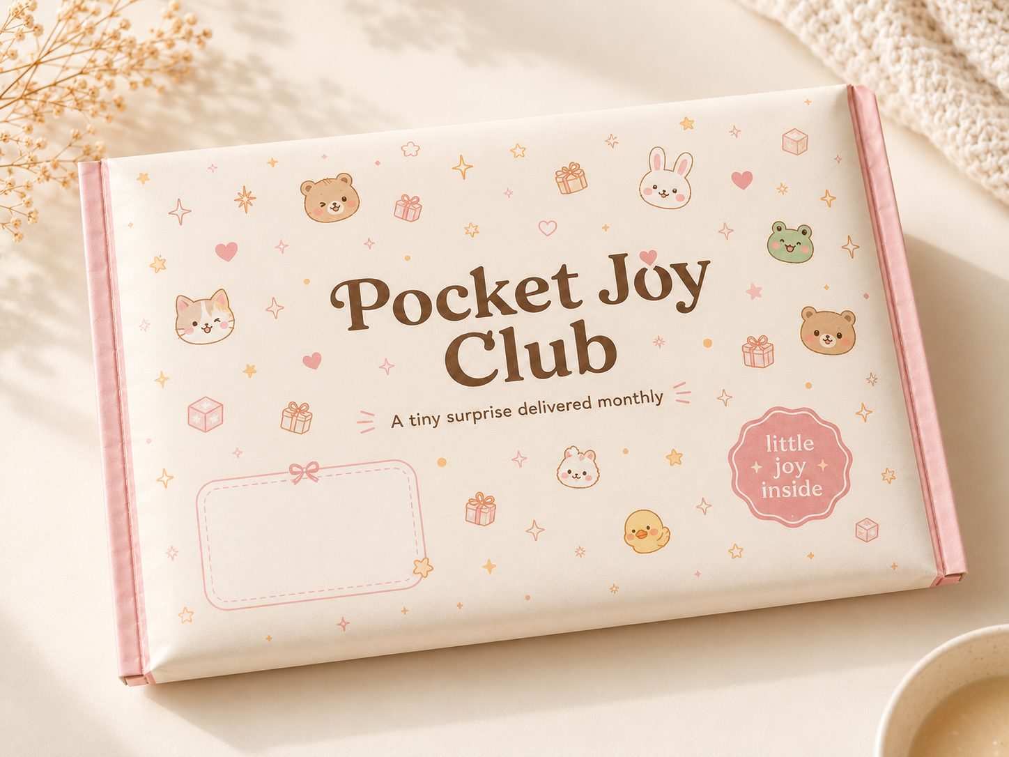 Pocket Joy Club pastel subscription mailer mockup